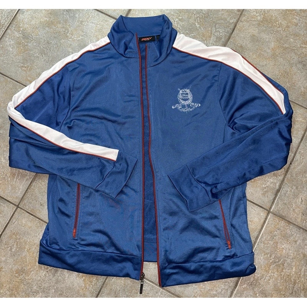 DKNY Active Mens XL Blue Track Jacket White Red Stripe Retro Y2K Full Zip Coat